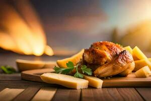 frango e queijo em uma de madeira borda. gerado por IA foto