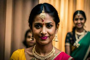 uma lindo indiano noiva dentro uma colorida sári. gerado por IA foto