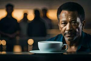 uma homem sentado às uma mesa com uma copo do café. gerado por IA foto