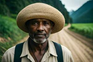 a africano homem vestindo uma Palha chapéu em uma sujeira estrada. gerado por IA foto