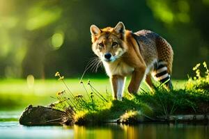 uma Lobo em pé em uma gramíneo banco de uma rio. gerado por IA foto