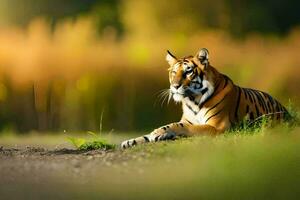 uma tigre sentado em a terra dentro a grama. gerado por IA foto