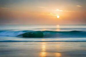 uma onda rompe em a de praia às pôr do sol. gerado por IA foto