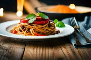 espaguete com tomate e manjericão em uma placa. gerado por IA foto