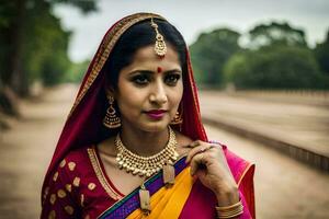 uma mulher dentro tradicional indiano vestuário poses para uma retrato. gerado por IA foto