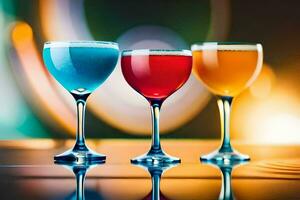 três óculos do diferente colori bebidas em uma mesa. gerado por IA foto