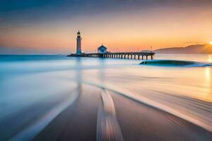 uma farol carrinhos dentro a oceano às pôr do sol. gerado por IA foto