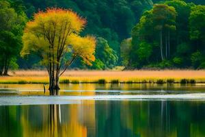 uma solitário árvore dentro a meio do uma lago. gerado por IA foto