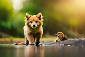 uma cachorro e uma pássaro caminhando dentro a água. gerado por IA foto