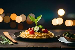 espaguete com tomate, manjericão e espinafre em uma de madeira mesa. gerado por IA foto