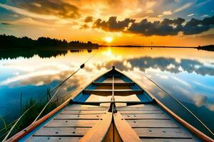 uma barco é ancorado em uma lago às pôr do sol. gerado por IA foto