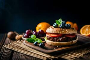 uma Hamburger com tomates, amoras e de outros frutas. gerado por IA foto