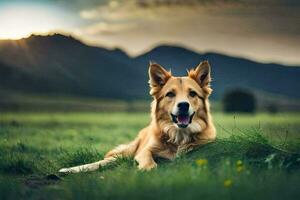 uma cachorro deitado dentro a Relva com montanhas dentro a fundo. gerado por IA foto