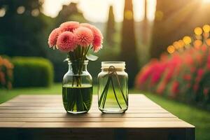 dois vasos com Rosa flores em uma mesa. gerado por IA foto