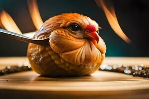 uma frango com uma faca em topo do uma de madeira mesa. gerado por IA foto