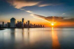 a Sol sobe sobre a Horizonte do Chicago. gerado por IA foto