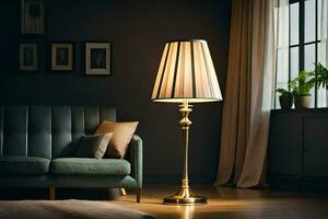 uma luminária é sentado em uma mesa dentro frente do uma sofá. gerado por IA foto