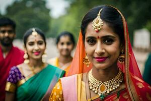 uma mulher dentro tradicional indiano vestuário com dela amigos. gerado por IA foto