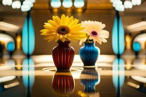 dois colorida vasos com flores em uma mesa. gerado por IA foto
