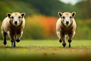 dois ovelha corrida dentro a grama. gerado por IA foto