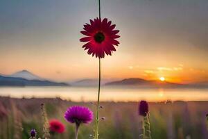 uma flor carrinhos dentro frente do uma pôr do sol. gerado por IA foto