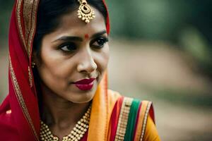 uma mulher dentro tradicional indiano traje. gerado por IA foto