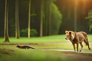 uma leão e uma gato caminhando dentro uma parque. gerado por IA foto