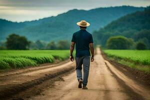 uma homem caminhando baixa uma sujeira estrada dentro a meio do uma campo. gerado por IA foto