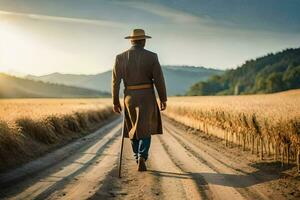 uma homem dentro uma chapéu e casaco caminhando baixa uma sujeira estrada. gerado por IA foto