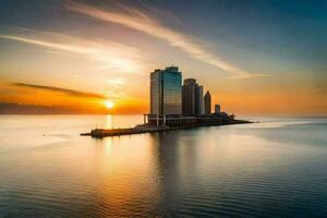 a Sol conjuntos sobre uma cidade Horizonte dentro a meio do a oceano. gerado por IA foto