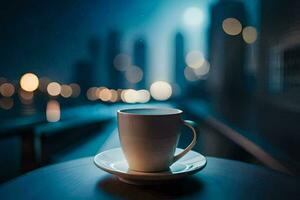 uma copo do café em uma mesa dentro frente do uma paisagem urbana. gerado por IA foto