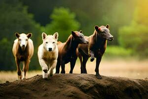 quatro cavalos corrida dentro uma campo. gerado por IA foto