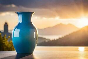 uma azul vaso sentado em uma mesa dentro frente do uma lago. gerado por IA foto