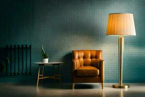 uma cadeira e luminária dentro uma quarto com uma azul muro. gerado por IA foto