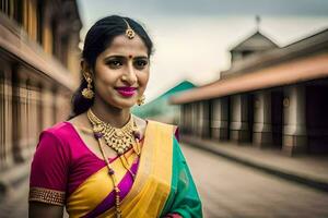 uma mulher dentro uma colorida sari poses para uma foto. gerado por IA foto