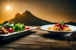 a Comida e a montanha. gerado por IA foto