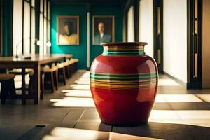 uma vermelho vaso sentado em uma de madeira chão dentro uma sala. gerado por IA foto