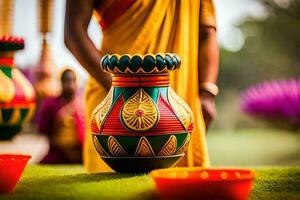 uma mulher dentro uma amarelo sari é segurando uma colorida vaso. gerado por IA foto