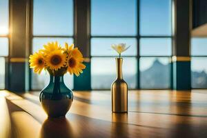 girassóis dentro uma vaso em uma mesa com uma Visão do a cidade. gerado por IA foto