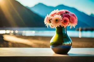 uma vaso com Rosa flores em uma mesa dentro frente do a oceano. gerado por IA foto