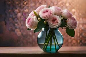 Rosa rosas dentro uma vaso em uma mesa. gerado por IA foto