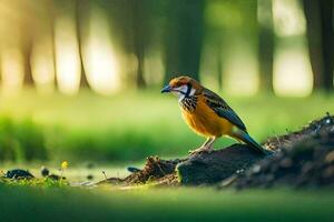 uma pássaro é em pé em uma Rocha dentro a meio do uma floresta. gerado por IA foto