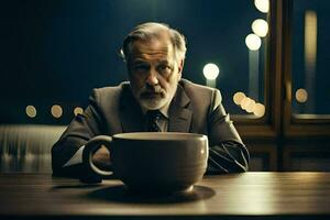 uma homem dentro uma terno senta às uma mesa com uma café copo. gerado por IA foto