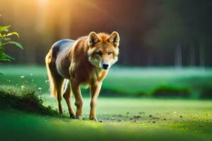 uma Lobo é caminhando dentro a Relva às pôr do sol. gerado por IA foto