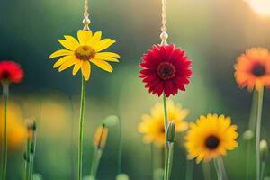 dois colorida flores suspensão a partir de uma corda dentro uma campo. gerado por IA foto