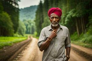 a velho homem dentro uma turbante em pé em uma sujeira estrada. gerado por IA foto