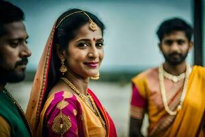 uma mulher dentro tradicional indiano vestuário poses para uma foto com dois homens. gerado por IA