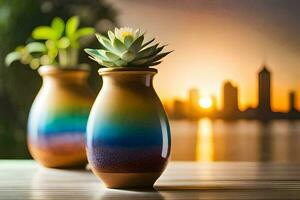 dois vasos com plantas em uma mesa dentro frente do uma cidade Horizonte. gerado por IA foto