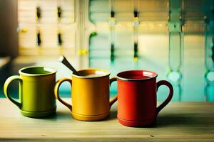 três colorida café canecas sentar em uma mesa. gerado por IA foto