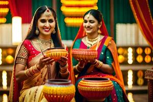 dois mulheres dentro tradicional indiano vestuário segurando tigelas. gerado por IA foto